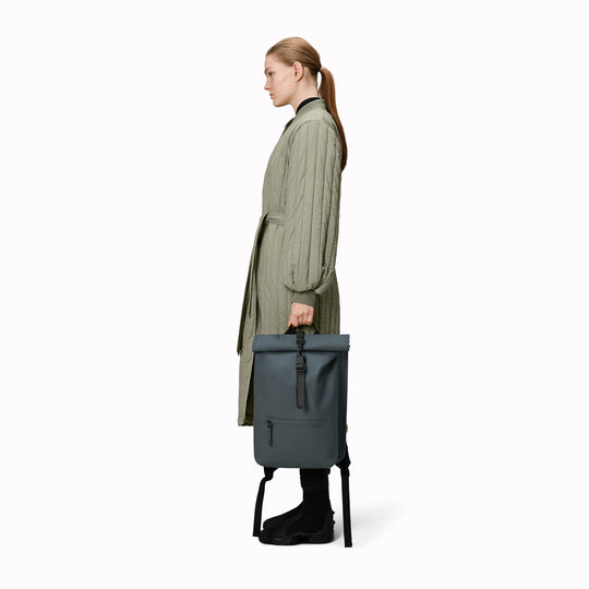 Rolltop Rucksack is Rains’ take on a cycling backpack. Made from Rains’ signature waterproof fabric, this functional backpack has a roll-top closure with an adjustable strap featuring a loop for a bike lock or similar. 