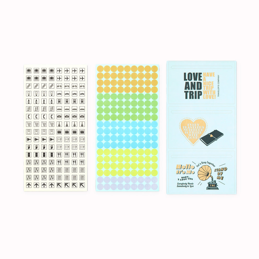 This is a sticker set for customizing TRAVELER’S notebook that makes it more fun, including index and pocket stickers, icon stickers to represent different plans, dry transfer, and stickers to decorate the cover.