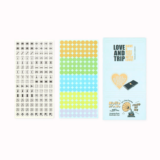 This is a sticker set for customizing TRAVELER’S notebook that makes it more fun, including index and pocket stickers, icon stickers to represent different plans, dry transfer, and stickers to decorate the cover.