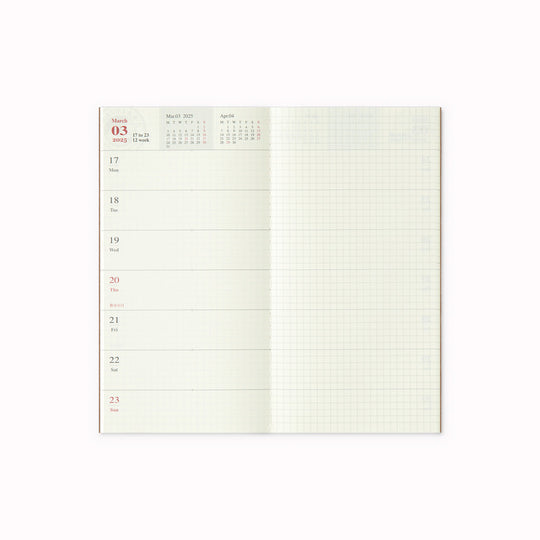 A weekly Diary with a page worth of memo space. On the left side, you have the section where you can write your plans, and on the right side, you have the memo section where the grids are being printed to make writing and drawing easy.