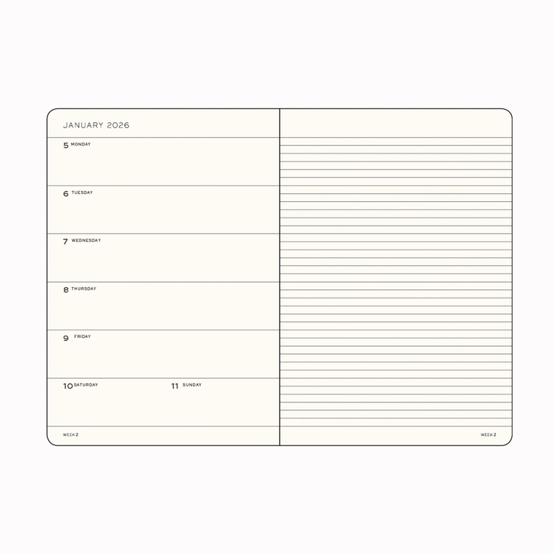 The Composition Weekly Planner + Notebook 2026 is Leuchtturm1917's combined Planner and Notebook, from January 2026 to December 2026. It comes in a choice of colours.