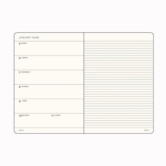 The Composition Weekly Planner + Notebook 2026 is Leuchtturm1917's combined Planner and Notebook, from January 2026 to December 2026. It comes in a choice of colours.