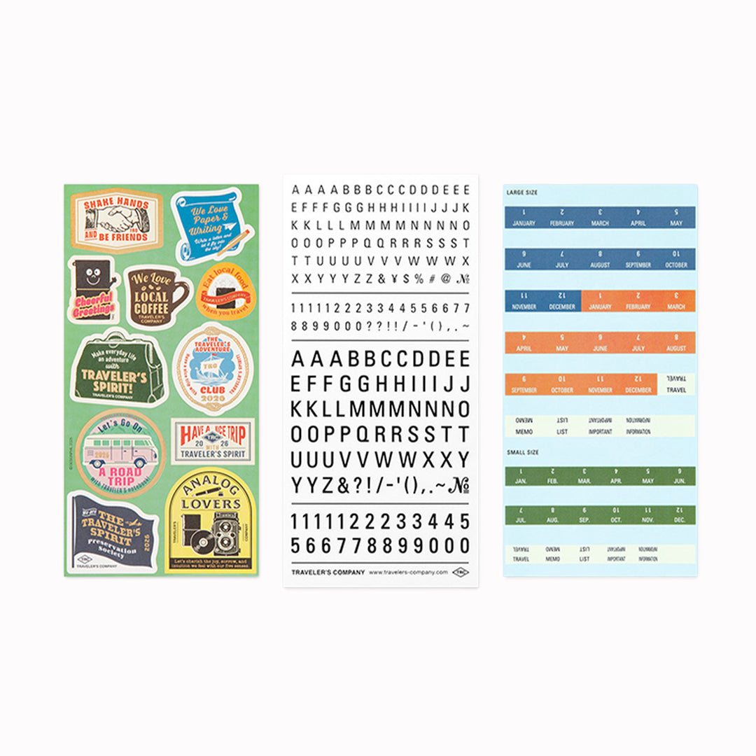 This is a sticker set for customizing TRAVELER’S notebook that makes it more fun, including index and pocket stickers, icon stickers to represent different plans, dry transfer, and stickers to decorate the cover.