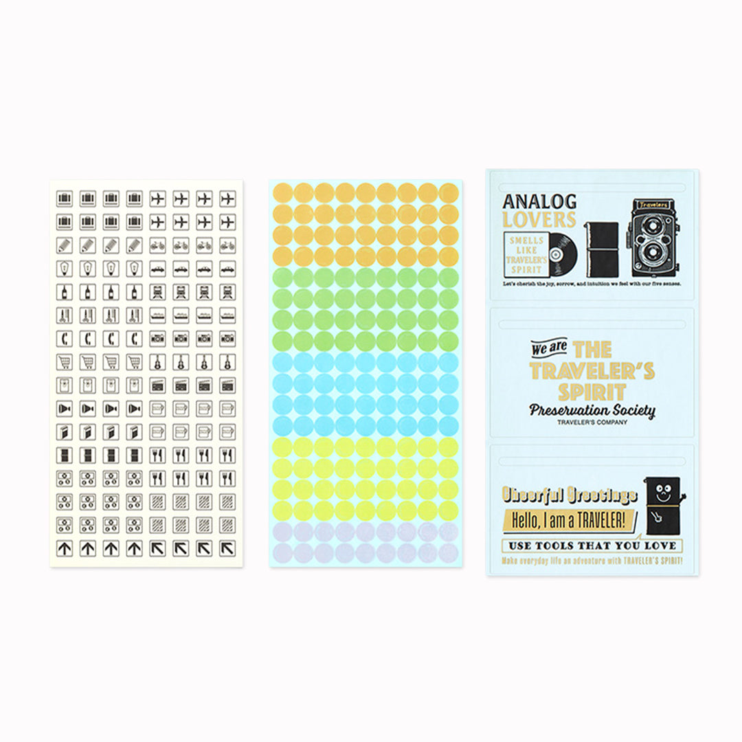 This is a sticker set for customizing TRAVELER’S notebook that makes it more fun, including index and pocket stickers, icon stickers to represent different plans, dry transfer, and stickers to decorate the cover.