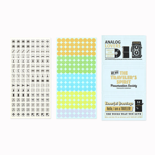 This is a sticker set for customizing TRAVELER’S notebook that makes it more fun, including index and pocket stickers, icon stickers to represent different plans, dry transfer, and stickers to decorate the cover.
