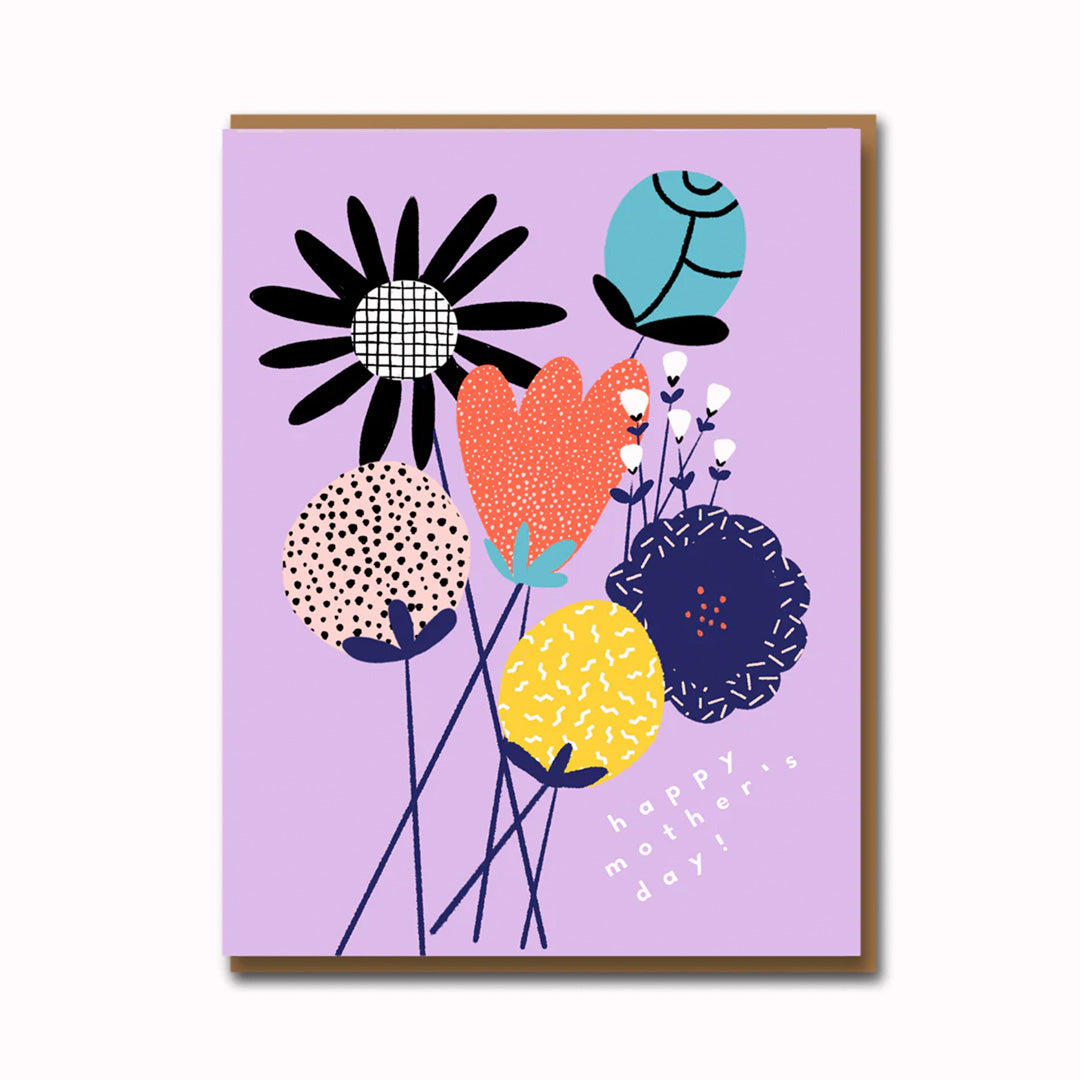 Cute and quirky Mother's Day card, of a bouquet of flowers, playfully illustrated by Carolyn Suzuki. Published by 1973.