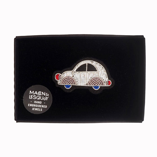Hand-embroidered 2CV Brooch by Parisian fashion accessory brand Macon et Lesquoy. Measuring approximately 22mm by 47mm, the 2CV design pays homage to this much loved and absolute classic French car.