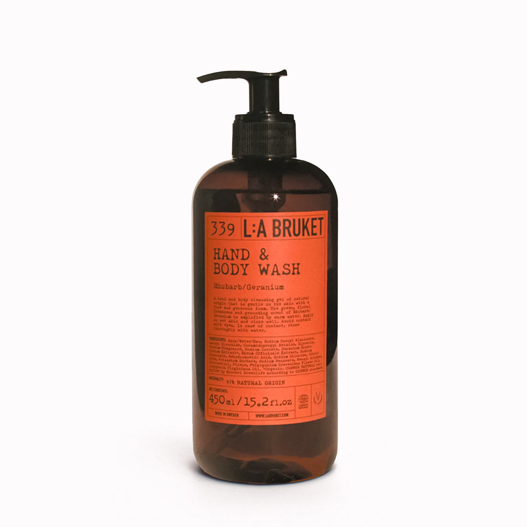 Rhubarb &amp; Geranium Limited Edition body wash from L:A Bruket has fragrance notes of sharp rhubarb and green geranium notes