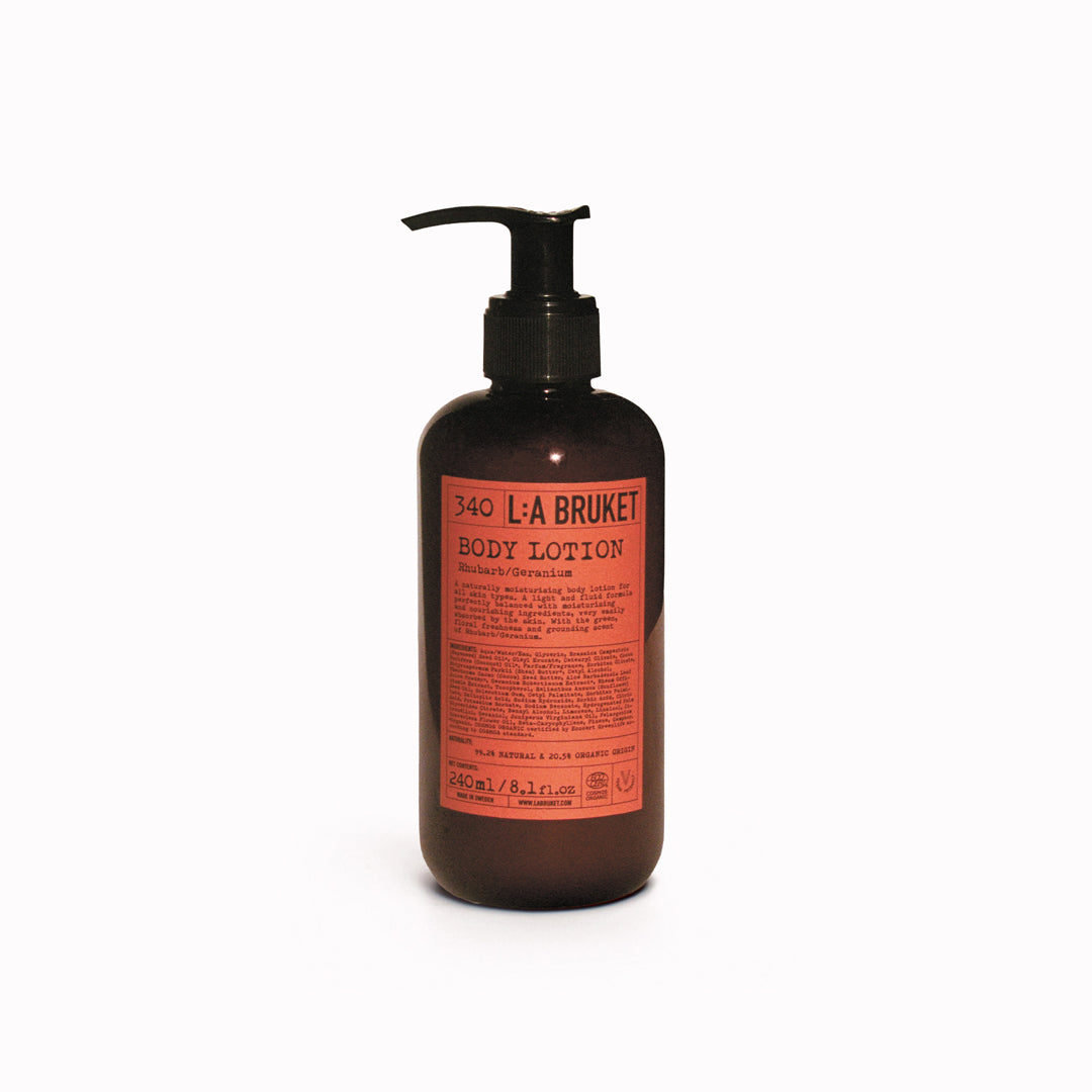 Rhubarb &amp; Geranium Limited Edition body lotion from L:A Bruket has fragrance notes of sharp rhubarb and green geranium notes - a fresh, slightly earthy scent profile. 