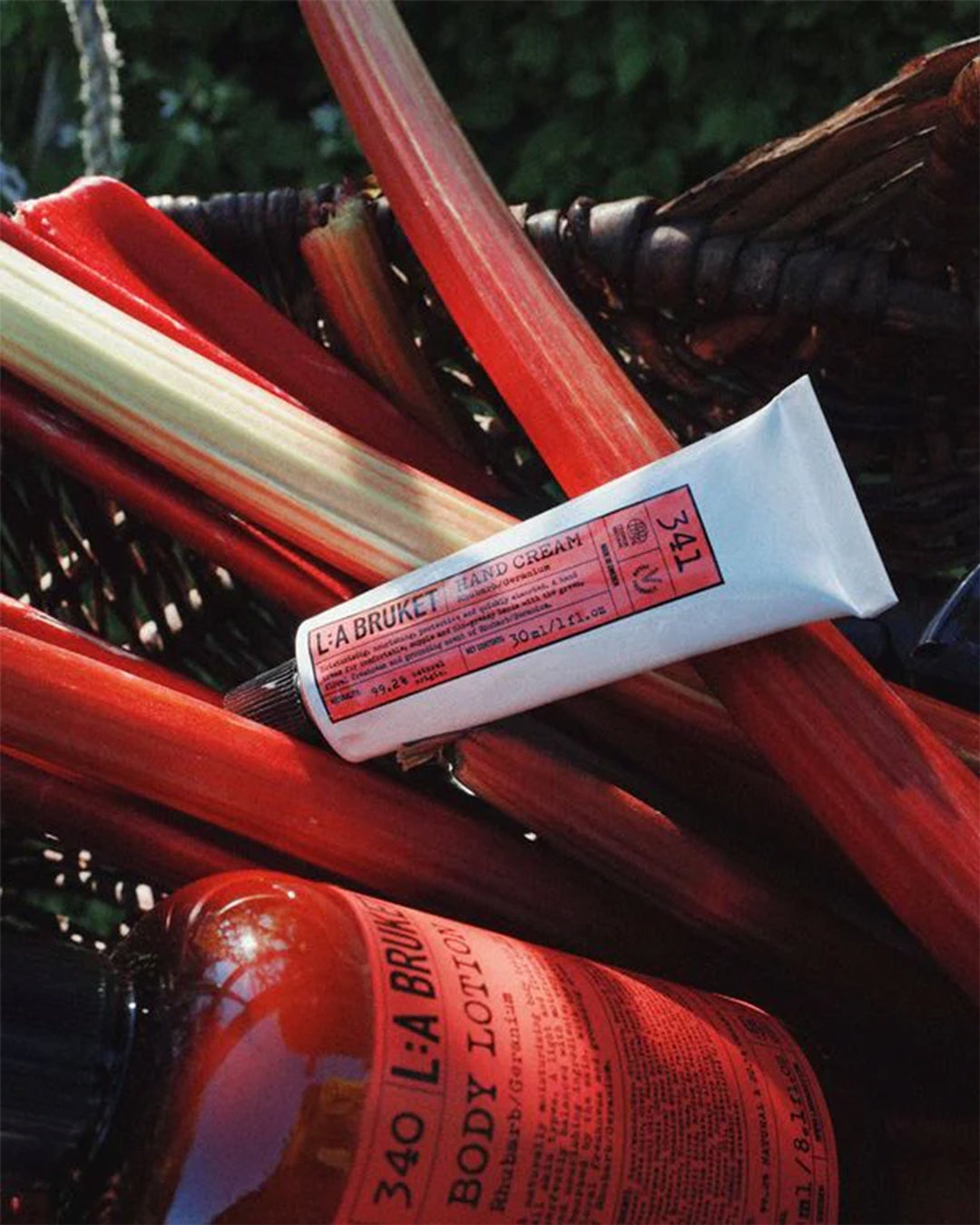 Rhubarb & Geranium Limited Edition hand cream from L:A Bruket has fragrance notes of sharp rhubarb and green geranium notes - a fresh, slightly earthy scent profile.