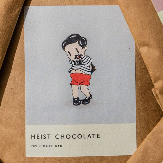 Three ingredients. Nutty cocoa beans from the Cuencas Del Huallaga Coop in Peru, sugar and a little bit of cocoa butter. Heist thinks that's everything you need in a chocolate bar.