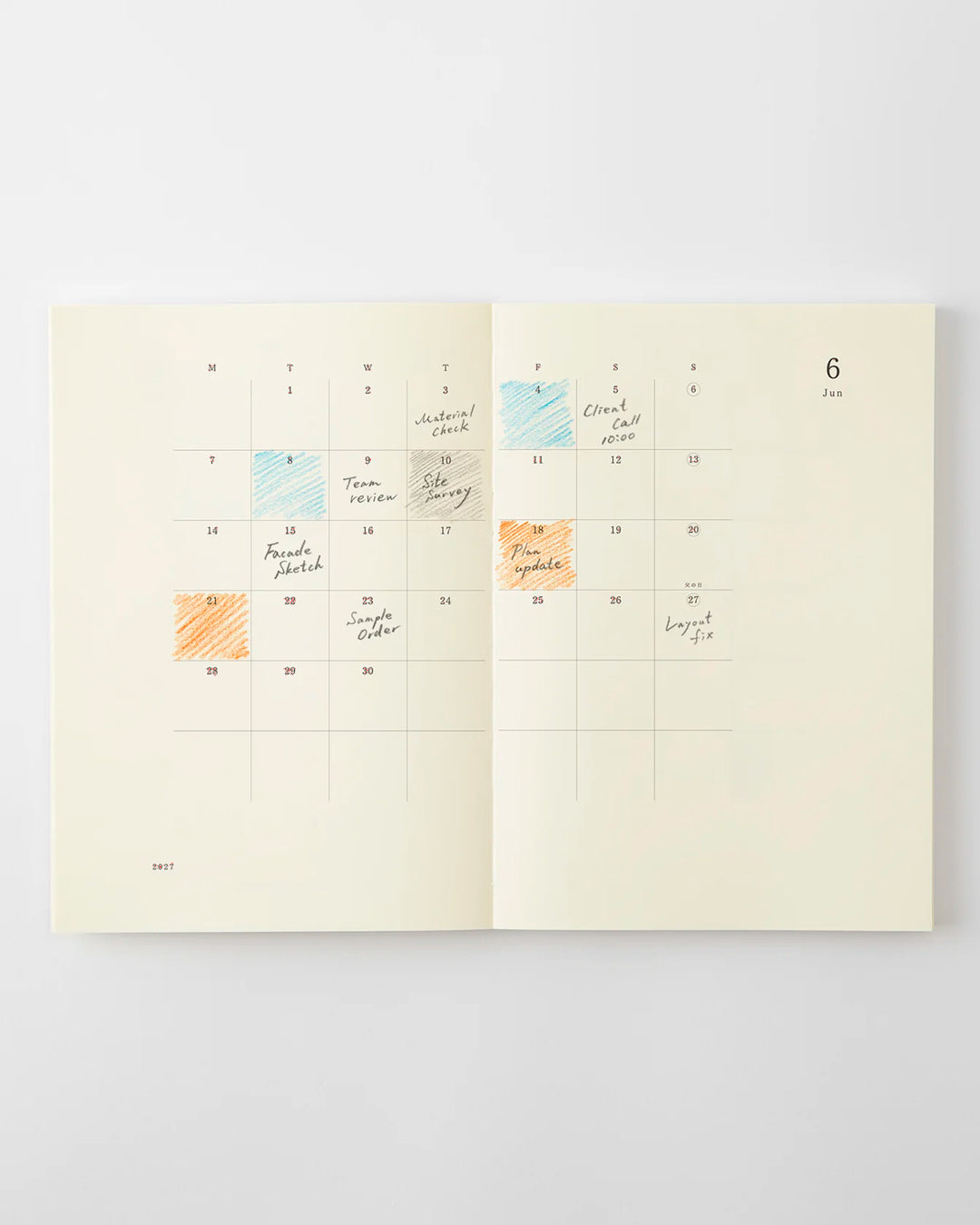 The diary includes block type monthly schedule pages and pages divided into eight sections across a two-page spread for use as a weekly schedule.