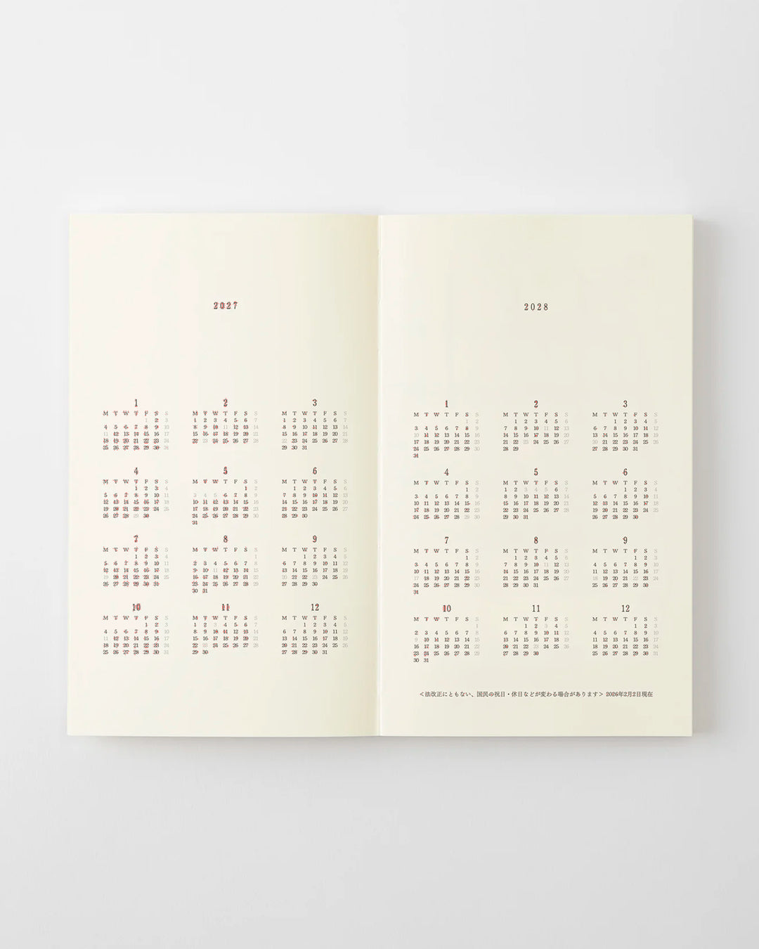 The diary includes block type monthly schedule pages and pages divided into eight sections across a two-page spread for use as a weekly schedule.