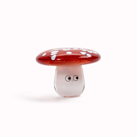 Shroom Crystal Blob is formed by dipping and/or rolling molten (hot!) clear glass into smaller chunks of brightly coloured glass droplets, then expertly shaping into weird and wonderful forms.