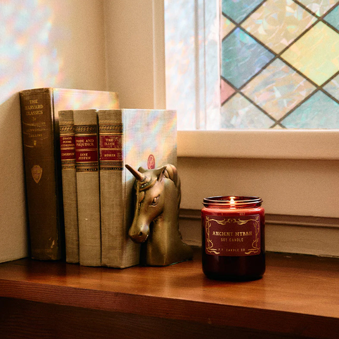 The Ancient Myrrh candle from P.F. Candle Co. captures herbal elixirs, stained glass windows, velvet-lined altars adorned with dried florals.