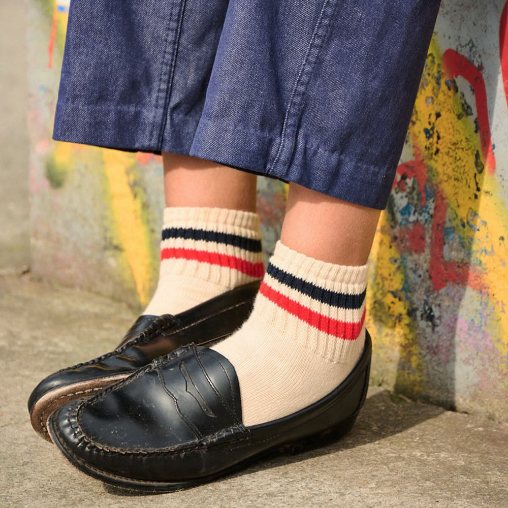 ankle crew socks with stripes by Belgium based Escuyer. Classic striped crew socks in an easy to wear ankle length - great for warmer days, but suitable for year round wear.