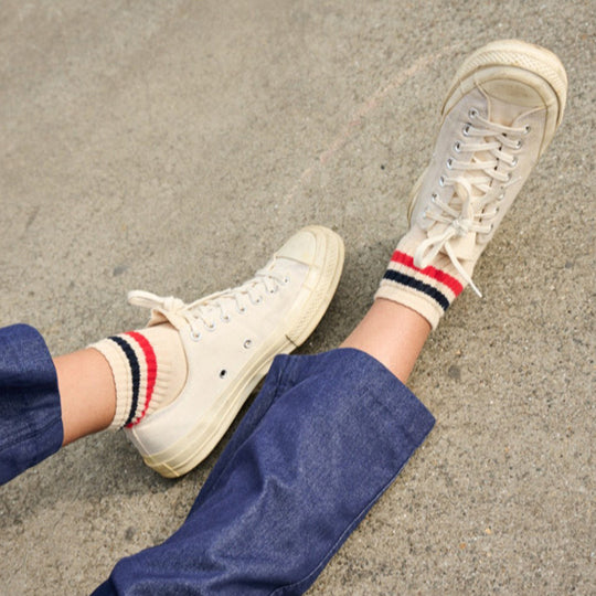 Ankle Crew Socks | Ecru With Yellow + Blue Stripes | UK Size 6-10.5