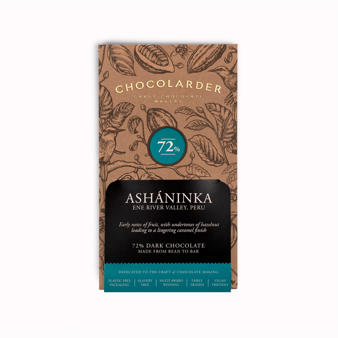 This is a single-origin dark chocolate made from cacao grown by the Asháninka communities in Peru’s Ene River valley.