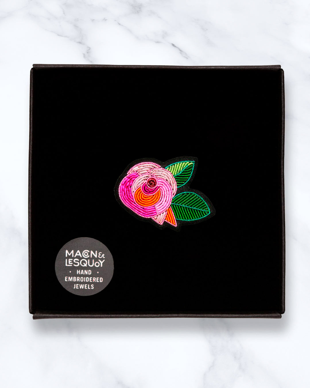 Make a statement with this beautiful August's Rose hand embroidered decorative lapel pin by Paris based Macon et Lesquoy