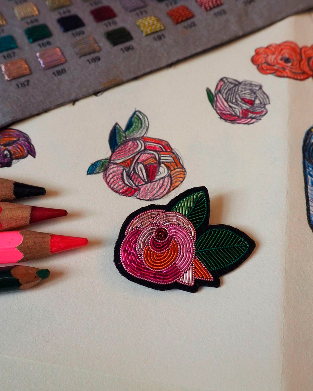 Make a statement with this beautiful August's Rose hand embroidered decorative lapel pin by Paris based Macon et Lesquoy