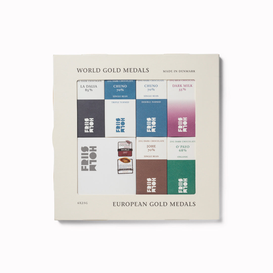 This six-bar selection brings together some of Friis-Holm’s most awarded chocolates in a smaller tasting format