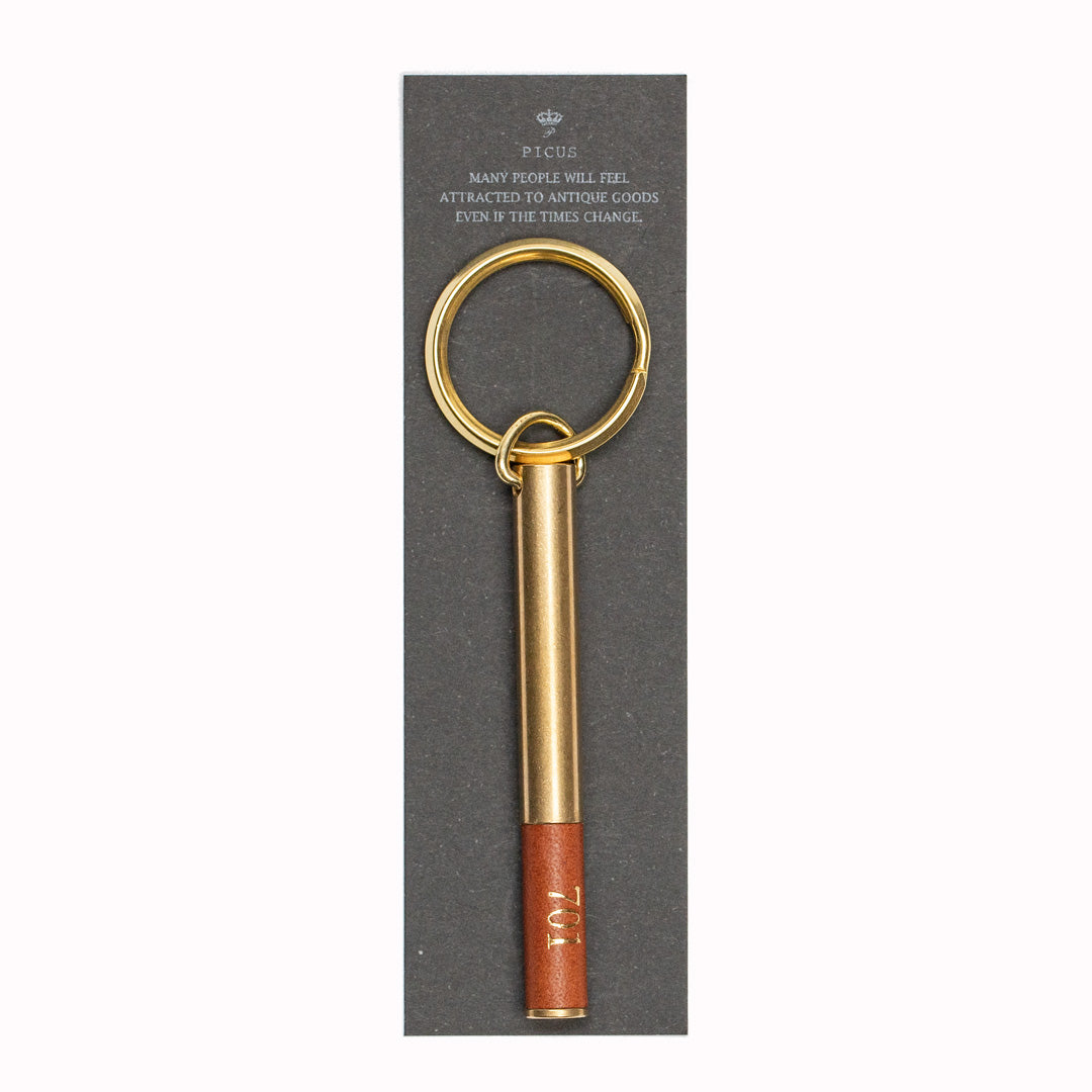 Brass cylindrical keyring from Japanese brand Picus. These small but weighty keychains have been designed to resemble upmarket hotel key fobs