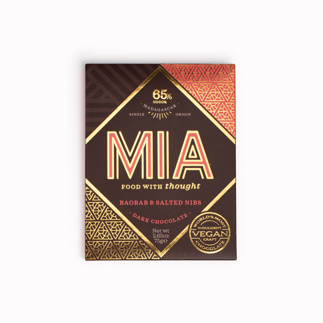 MIA's Baobab and Salted Nibs Bean-to-Bar 65% Dark Chocolate is a rich dark chocolate that is infused with the superfood zing of African baobab powder and topped with a sprinkling of salted cocoa nibs to create a savoury crunch that gives way to natural notes of red fruit.