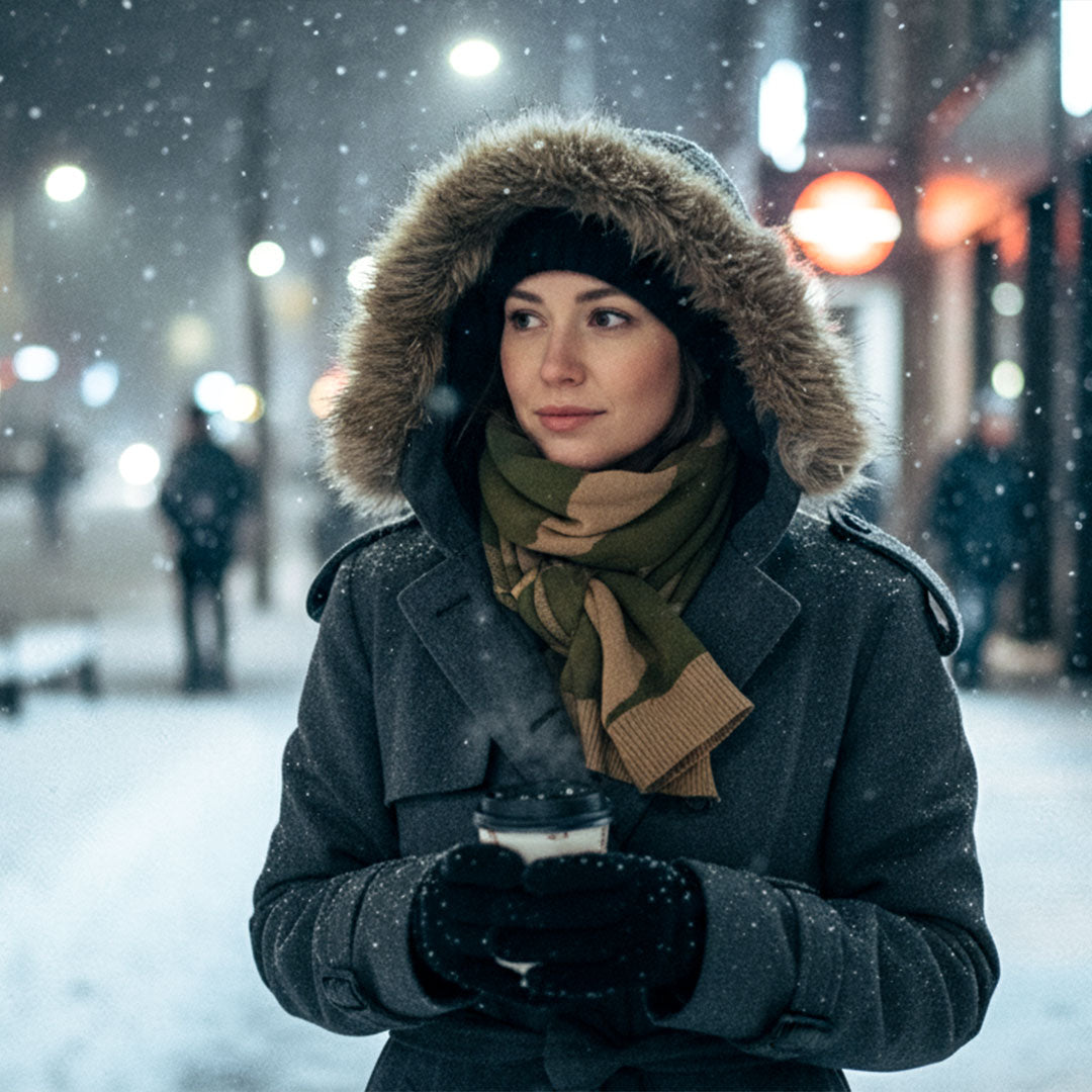 Cotton Muffler Scarf | Dark Beige + Green Camo