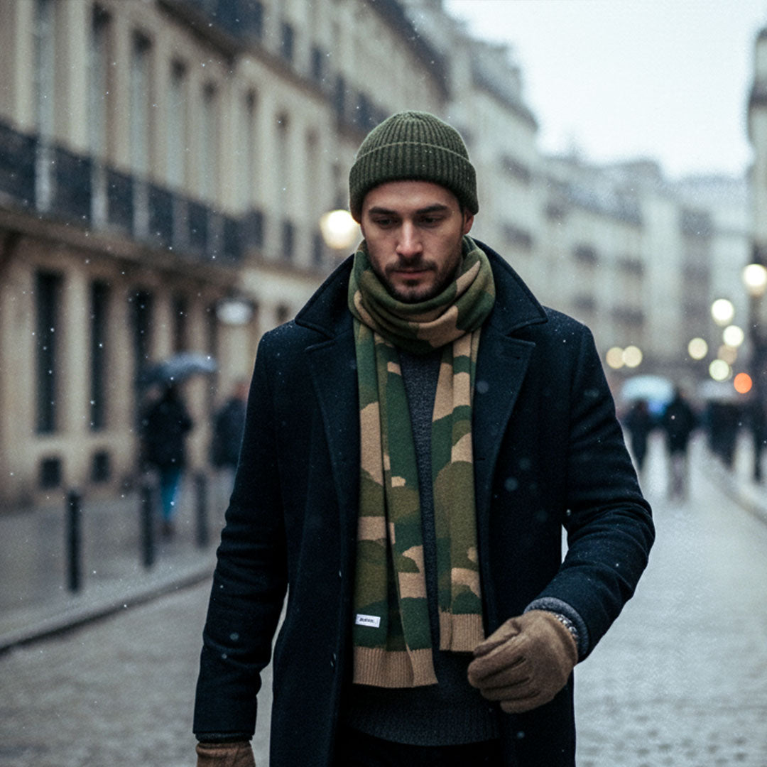 Cotton Muffler Scarf | Dark Beige + Green Camo