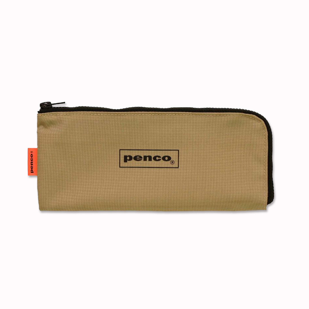 Neutral Beige coloured flat nylon pencil case with an 'L' zipper for easier access to internal contents. Storage for pens, pencils or even use for toiletries such as a toothbrush or make up brushes.&nbsp;