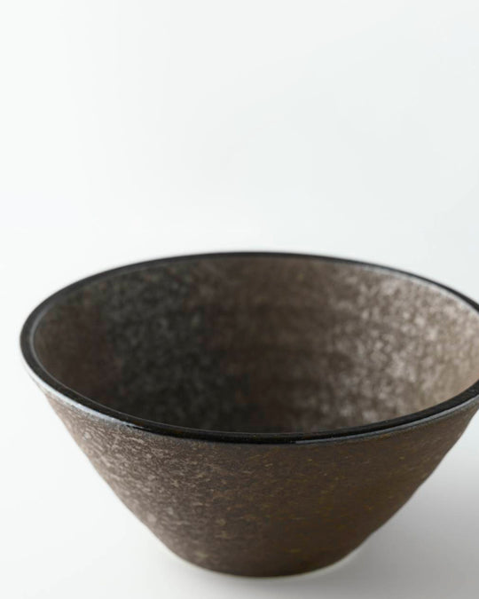 Rough textured Donburi bowl with matt glaze in a dark brown shade that catches the light to reveal a silvery shimmer. Suitable for serving individual rice portions, or any number of side dishes.