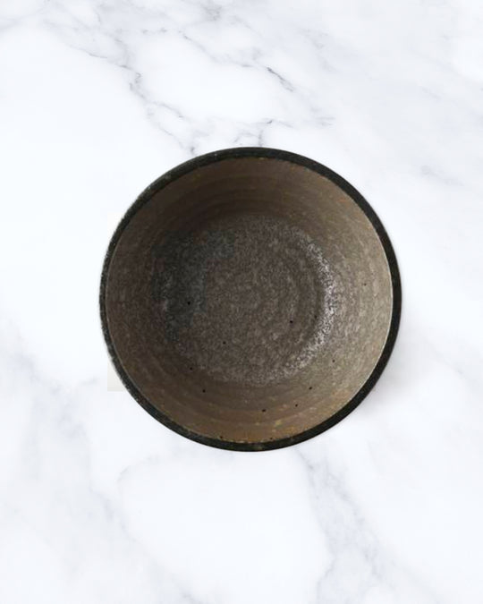 Rough textured Donburi bowl with matt glaze in a dark brown shade that catches the light to reveal a silvery shimmer. Suitable for serving individual rice portions, or any number of side dishes.