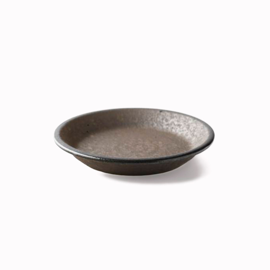 Rough textured serving plate with matt glaze in a dark brown shade that catches the light to reveal a silvery shimmer. Use for side dishes and snacks.