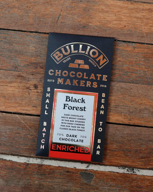 Dark chocolate with sharp cherry pieces folded through a 70% Ghanaian base. Bullion’s take on Black Forest keeps the sweetness restrained