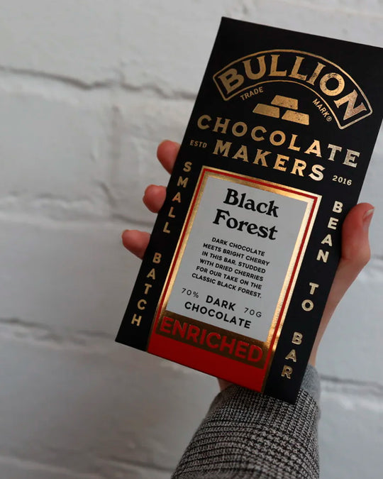Dark chocolate with sharp cherry pieces folded through a 70% Ghanaian base. Bullion’s take on Black Forest keeps the sweetness restrained