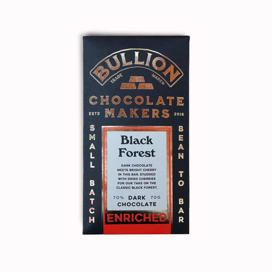Dark chocolate with sharp cherry pieces folded through a 70% Ghanaian base. Bullion’s take on Black Forest keeps the sweetness restrained
