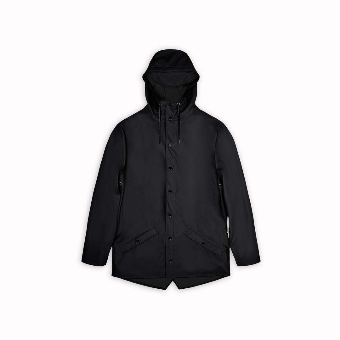 Contemporary unisex rain jacket from Danish Outerwear and Lifestyle company Rains. This black jacket is characterized by a minimal silhouette with high functionality.