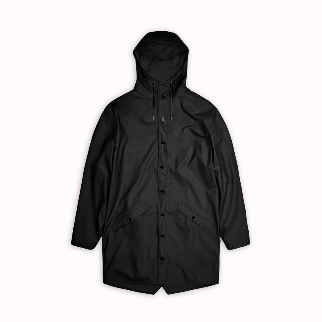 Contemporary unisex rain jacket from Danish Outerwear and Lifestyle company Rains. This long black rain jacket is c<span data-mce-fragment="1">haracterized by a minimal silhouette in a long design.</span>