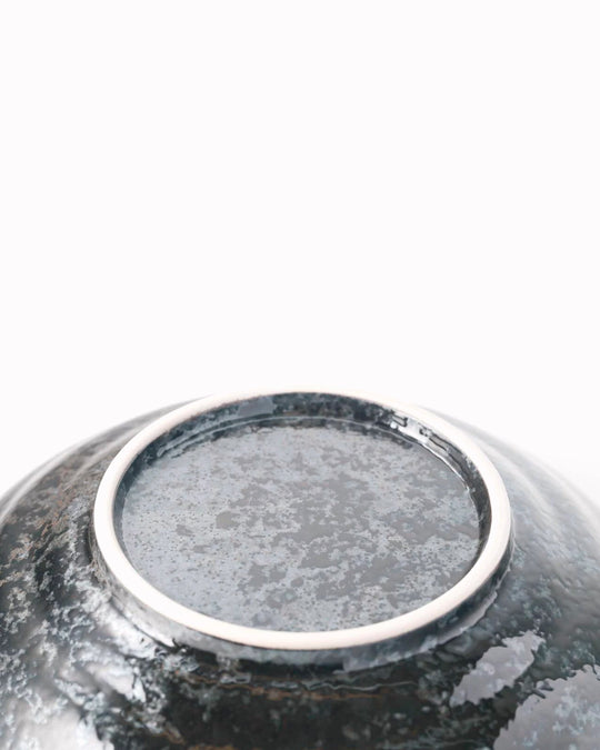 Matt black Shallow noodle bowl with irregular glossy glazed black stripes.