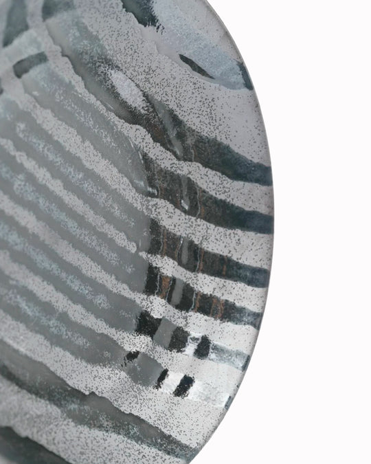 Matt black Shallow noodle bowl with irregular glossy glazed black stripes.
