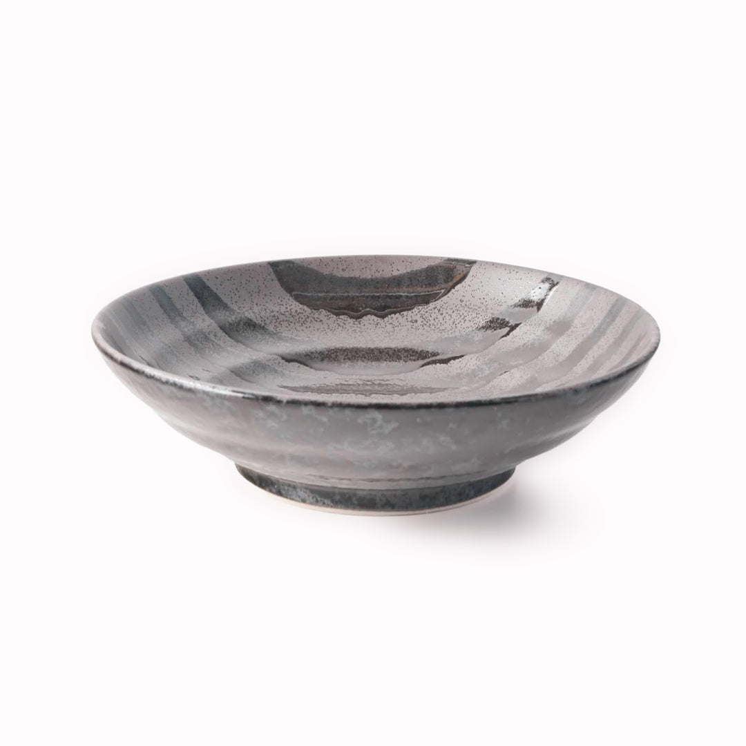Matt black Shallow noodle bowl with irregular glossy glazed black stripes.