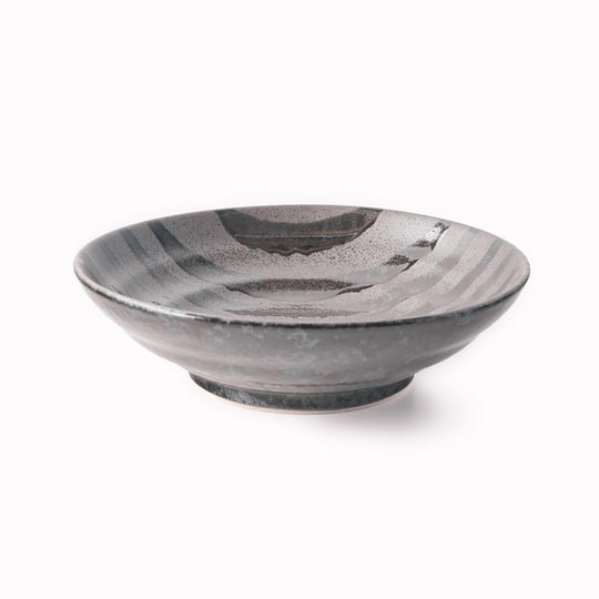 Matt black Shallow noodle bowl with irregular glossy glazed black stripes.
