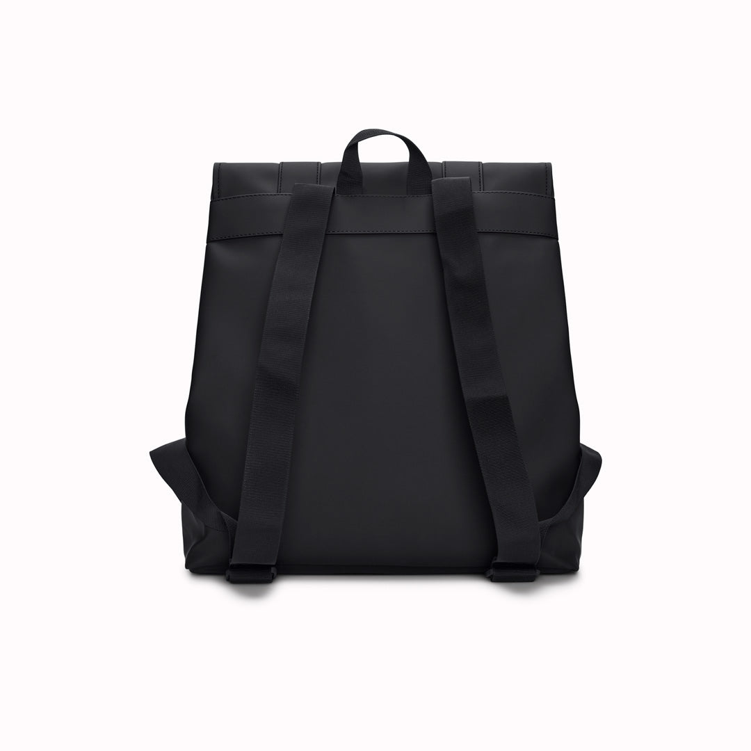 Rear view - Rains' MSN Bag W3 is their interpretation of the classic school backpack, reimagined for commuters. A minimal silhouette with dual strap and carabiner closure. Made from Rains’ signature waterproof fabric, with an internal laptop pocket and a roomy main compartment.