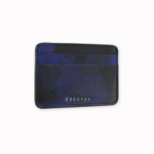 A slim and stylish cardholder from Escuyer, in Blue leather with Camouflage pattern. 