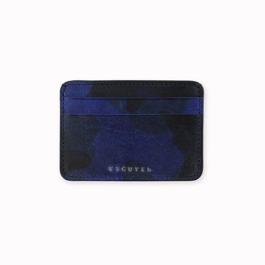 A slim and stylish cardholder from Escuyer, in Blue leather with Camouflage pattern. 