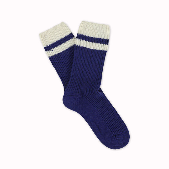 Cashmere blend socks by Belgium based Escuyer, with a Strong Blue base colour and Ecru stripes. Designed for comfort and warmth during the cooler months