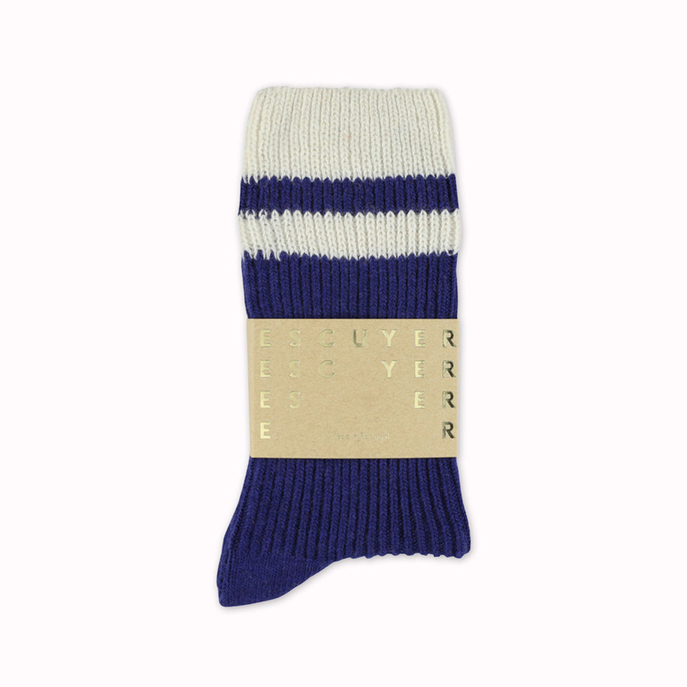 Cashmere blend socks by Belgium based Escuyer, with a Strong Blue base colour and Ecru stripes. Designed for comfort and warmth during the cooler months