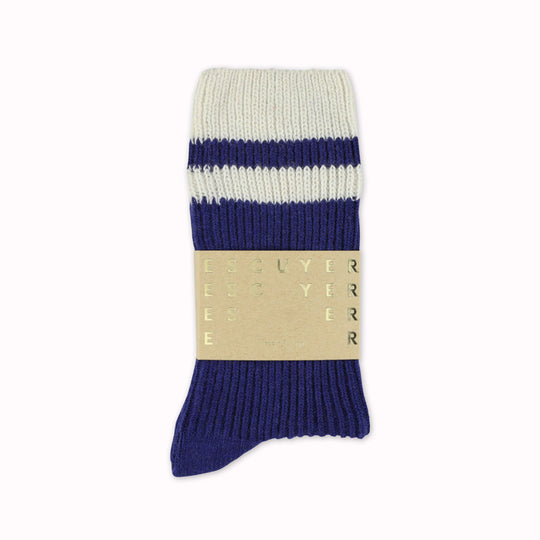 Cashmere blend socks by Belgium based Escuyer, with a Strong Blue base colour and Ecru stripes. Designed for comfort and warmth during the cooler months
