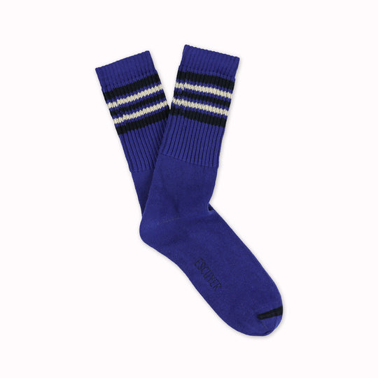 5 Stripe Crew socks with Ecru and Navy stripes by Belgium based Escuyer. These socks add a touch of nostalgia and are so comfortable!