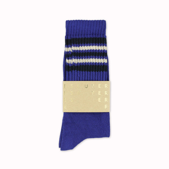 5 Stripe Crew socks with Ecru and Navy stripes by Belgium based Escuyer. These socks add a touch of nostalgia and are so comfortable!